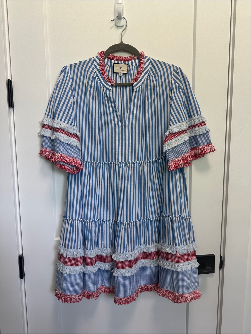 Tuckernuck Crawford Dress, Blue and White Striped Tiered Dress with Red Trim - Picture 1 of 1